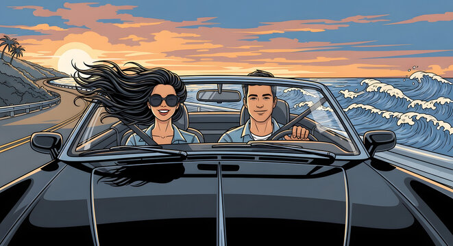 Happy Couple Driving Black Convertible on Scenic Coastal Road - Powered by Adobe