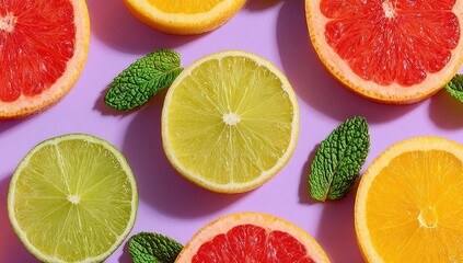 Colorful citrus slices on purple background