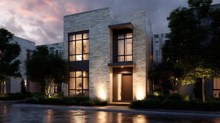 Illuminated modern townhouse exterior in an urban setting