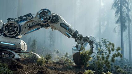 Robotic arm planting tree in forest highlights carbon reduction and positive impact on environment with advanced technology