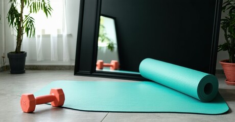 Home gym setup. Yoga mat, dumbbells present. Plants add life to space. Minimalist interior design. Focus on fitness, wellness.