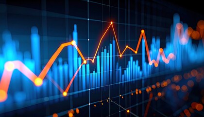 Naklejka premium Abstract financial data visualization with rising and falling line and bar graphs in blue and orange hues