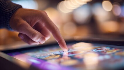 Close-up of Finger Interacting with Vibrant Touchscreen Display in Soft Bokeh Lighting