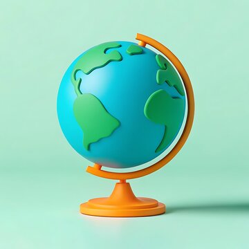 A bright and colorful toy globe representing earth with continents and oceans on a light green background