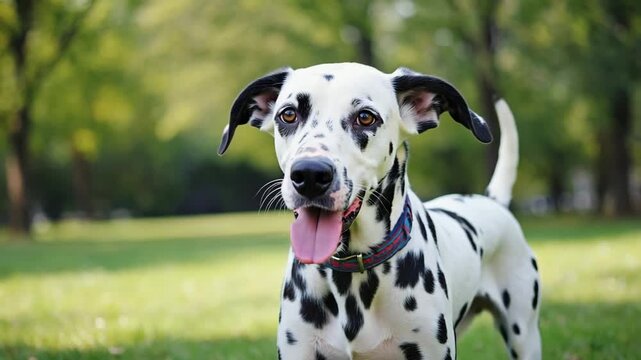Dalmatian barking excitedly at the park, open mouth mid-action, sharp black and white contrast, vibrant green background
