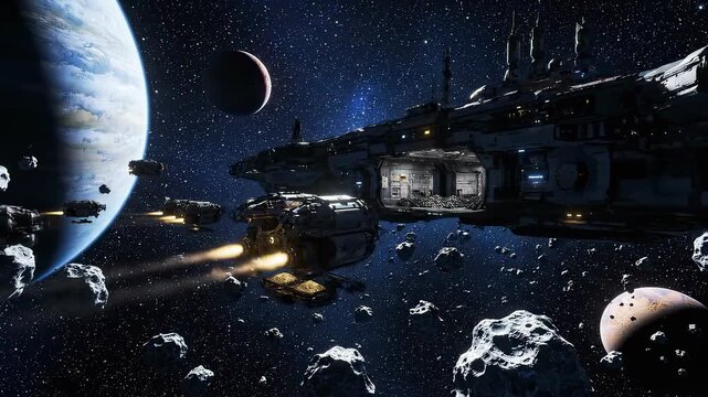 Epic space fleet navigates a dense asteroid field with distant planets and glowing nebulae, showcasing advanced futuristic starships and vast cosmic exploration