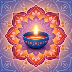 Diwali diya oil lamp lit with flame centered on a colorful mandala pattern