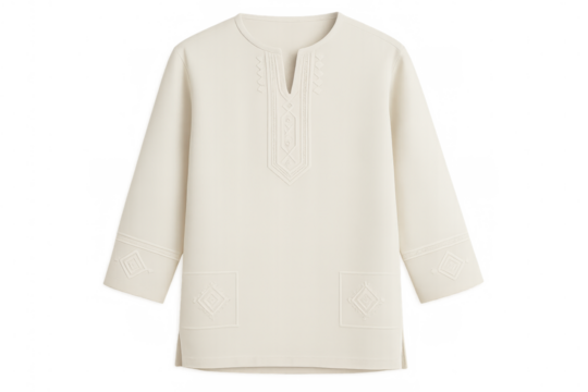 Studio shot of a stylish white tunic featuring intricate embroidery, perfect for showcasing fashion designs or apparel concepts
