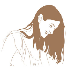 A minimalist brown and white vector illustration captures a candid moment. A young woman with long, flowing hair smiles joyfully, her head tilted down in a happy, natural pose.