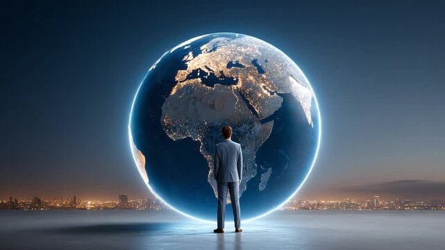 Visionary Contemplation: A forward-thinking individual stands poised before a mesmerizing globe, framed by a softly illuminated aura.