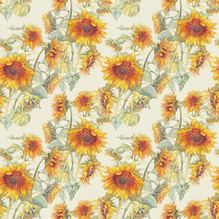 Seamless pattern with watercolor yellow and orange flower sunflower with green leaves on light gray background. Hand-drawn summer autumn for textile. Wedding celebration or wrapping and wallpaper