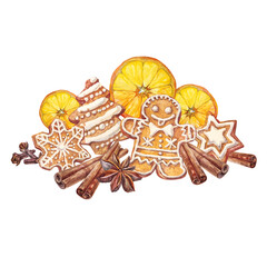 Watercolor Christmas gingerbread man and orange isolated on white background. Celebration winter New Year dessert food and spice condiment. Bakery cookie clipart for wallpaper or wrapping