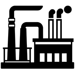 Stylized black and white icon representing an industrial factory with smokestacks emitting pollution into the atmosphere