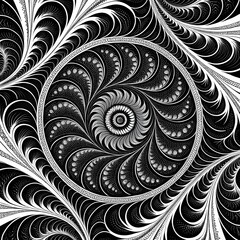 "Intricate black and white fractal spiral with feather-like patterns."

