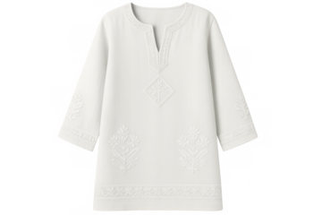 White tunic displaying intricate floral embroidery, studio-photographed against transparent backdrop, perfect for fashion design presentations