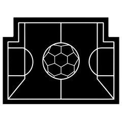 Stylized graphic representation of a soccer field with a soccer ball in the center on a black background