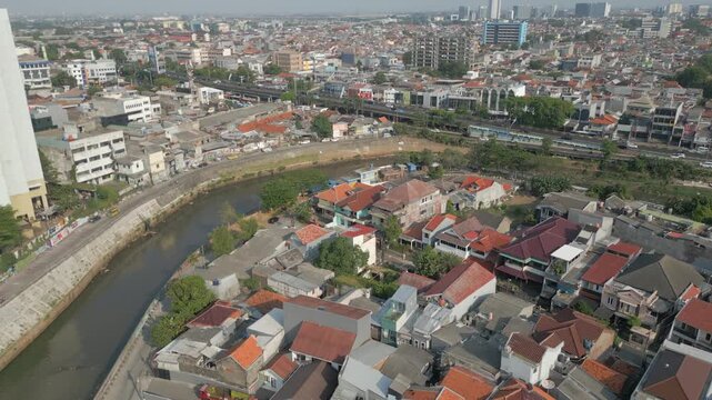 Crowded Tebet Neighborhood Near Motorway In Central Jakarta Drone Track Right 4K 60FPS