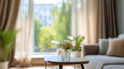 Cozy Living Room Interior: The soft glow of sunlight streams into a warm, inviting living room, illuminating the stylish decor and creating a sense of relaxation and comfort.