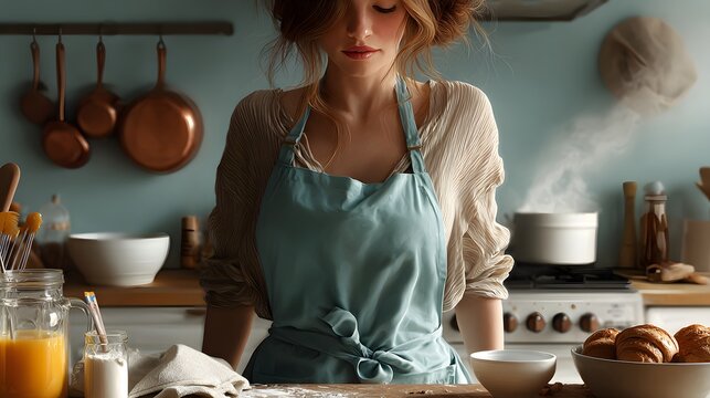A woman in an apron is standing in a well equipped kitchen surrounded by pots pans and other cooking utensils focused on the task of preparing a homemade meal or baking some delicious treats