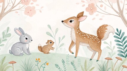 Whimsical Forest Friends A Gentle Deer A Curious Squirrel and a Playful Rabbit in a Charming Watercolor Landscape Illustration