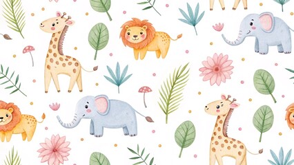 Adorable Watercolor Safari Animals Cute Giraffes Lions Elephants and Jungle Leaves for Baby Nursery Decor Design