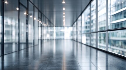 Obraz premium Modern Corporate Corridor: A sleek, expansive corridor of a modern corporate building, featuring polished floors and glass walls that reflect the urban landscape. Bathed in natural light.