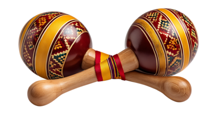 Two decorated wooden maracas crossed together isolated on transparent background