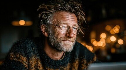 Older man using laptop at home for online tasks, smiling and relaxed