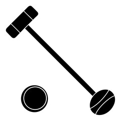 Simple black silhouette of a croquet mallet and ball on a white background