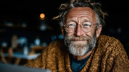 Older man using laptop at home for online tasks, smiling and relaxed