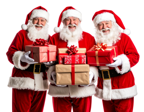 An - Collection de Pères Noël Tenant des Cadeaux avec Expressions Variées, Vue en Perspective, Isolé sur Fond Transparent.