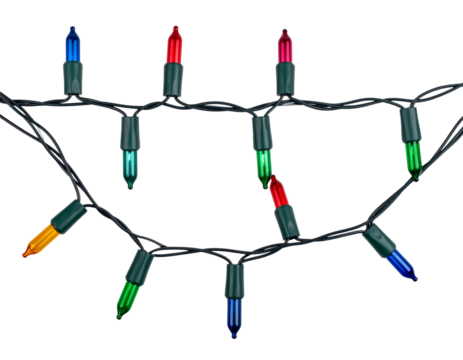 Classic Multicolor Christmas Light String in Loose Curve, Lit and Glowing, Isolated on Transparent Background