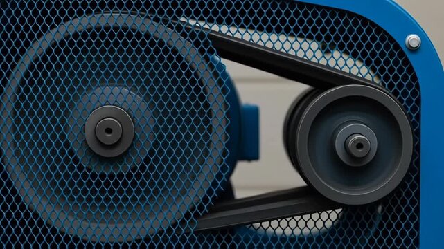 Industrial machinery with belts enclosed in blue metal mesh protection ensuring safety and efficient power transmission in industrial settings