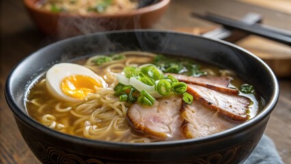 Steaming bowl of delicious ramen noodles with pork and egg