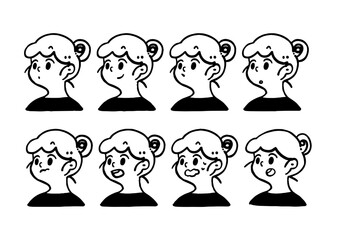 Facial Expression Icons - Girl Character 01 (Bun Hairstyle / Black Line Version) 