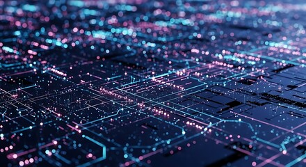 Abstract digital circuit board with glowing blue and pink lights, representing technology, data, and network connections in a futuristic concept