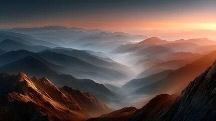 Dramatic and serene landscape of a towering mountain ridge silhouetted against the glowing sky at dawn with layers of misty mountains fading into the distant horizon