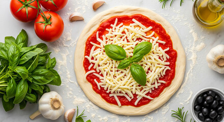 Top View of Fresh Pizza Dough with Tomato Sauce, Mozzarella & Basil – Rustic Food Styling.