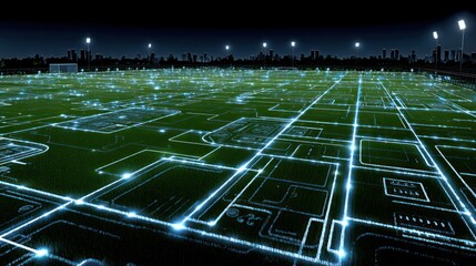 City's blueprint overlaid on a grassy field at night