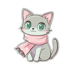 Cute cartoon cat wearing a pink scarf, sitting happily.