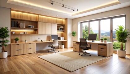 Fototapeta premium Elegant home office interior with a minimalist wooden design, dual workstations, and a scenic view from a large window.