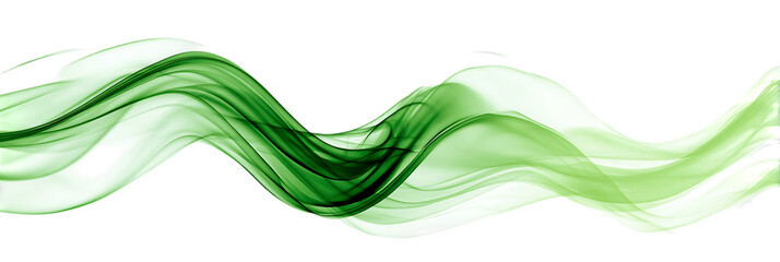 Abstract flowing green smoke waves in smooth curved lines on white background.