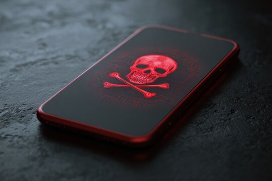 Cybersecurity Threat: Glowing Red Skull and Crossbones on a Compromised Smartphone - Powered by Adobe