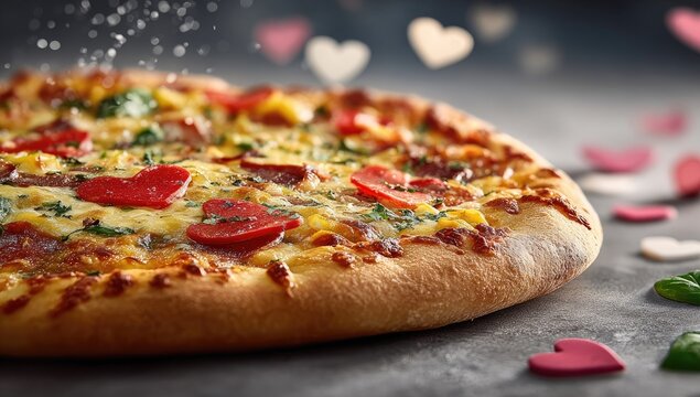 Pizza topped with heart-shaped red slices, sprinkled with seasonings, on a dark surface