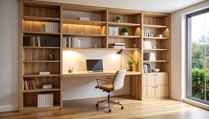 Contemporary home office interior with custom built-in wooden shelving, an integrated desk, and warm ambient lighting.