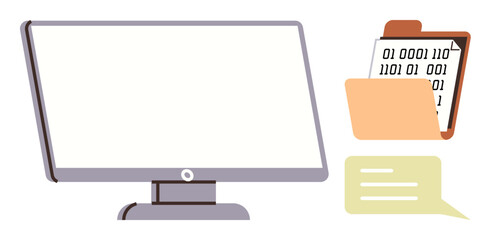 Computer screen, file folder containing binary code, and dialogue bubble. Ideal for technology, data analysis, digital communication, programming, file management, software development simple flat