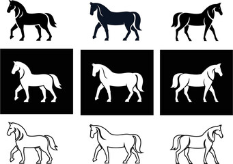 Equestrian horse icon set in multiple vector styles—flat, outline, and white on black. Ideal for stable graphics, wild animal designs, and western branding.

