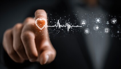Fingertip points to heart symbol and ECG