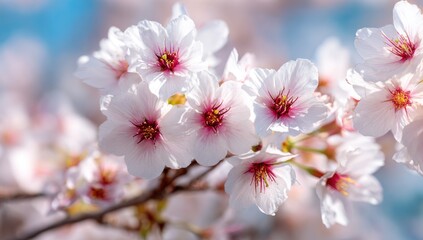 Fototapeta premium Delicate White Cherry Blossoms with Vibrant Pink Centers Against a Soft Blue Sky