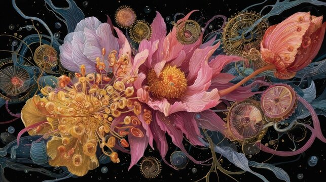 A vibrant floral arrangement featuring various blooms and intricate clockwork elements